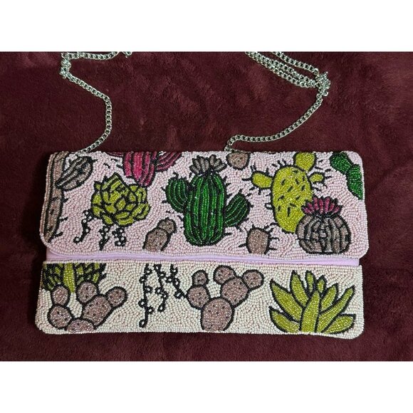 Pink HAND BEADED Club Bag Clutch Desert Cactus Snap Close With Chain Strap Purse - Picture 2 of 9